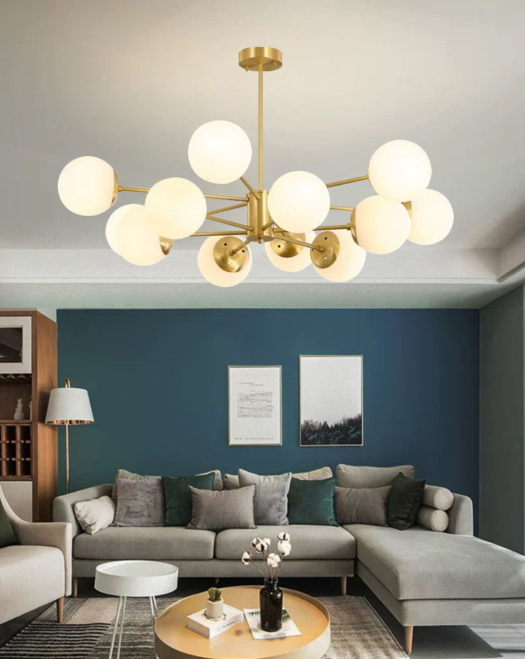 Post-Modern Metal Hanging Chandelier Light Opal Glass Shade  Ceiling Chandelier in Gold  for Bedroom