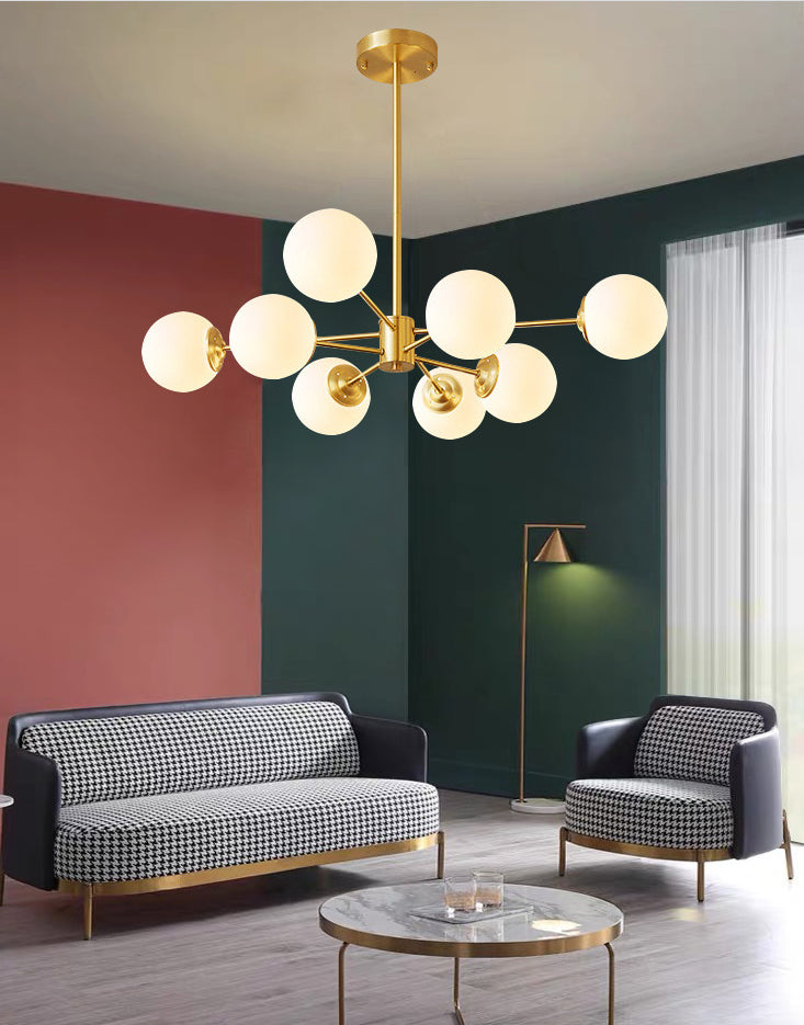 Post-Modern Metal Hanging Chandelier Light Opal Glass Shade Ceiling Chandelier in Gold for Bedroom