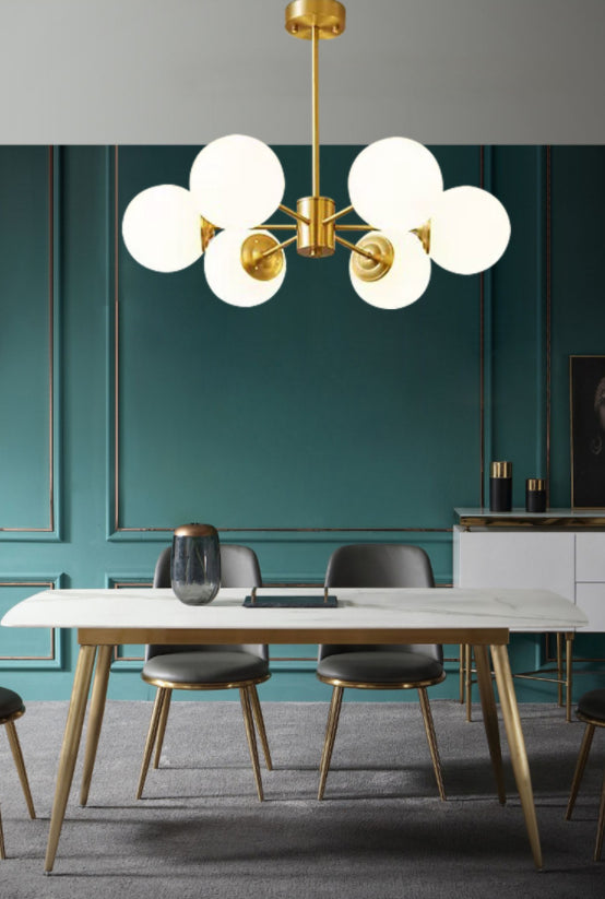 Post-Modern Metal Hanging Chandelier Light Opal Glass Shade Ceiling Chandelier in Gold for Bedroom