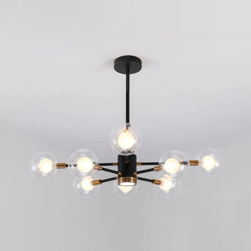 Modern Metal Radial Hanging Chandelier Light Spherical Clear Glass Shade Suspension Light in Black