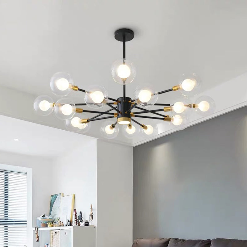Modern Metal Radial Hanging Chandelier Light Spherical Clear Glass Shade Suspension Light in Black