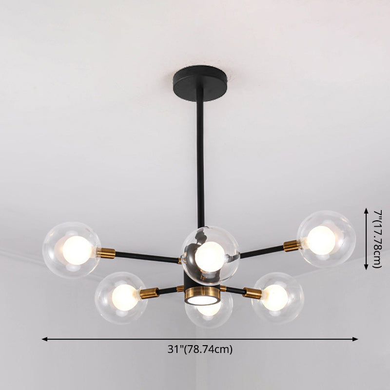 Modern Metal Radial Hanging Chandelier Light Spherical Clear Glass Shade Suspension Light in Black