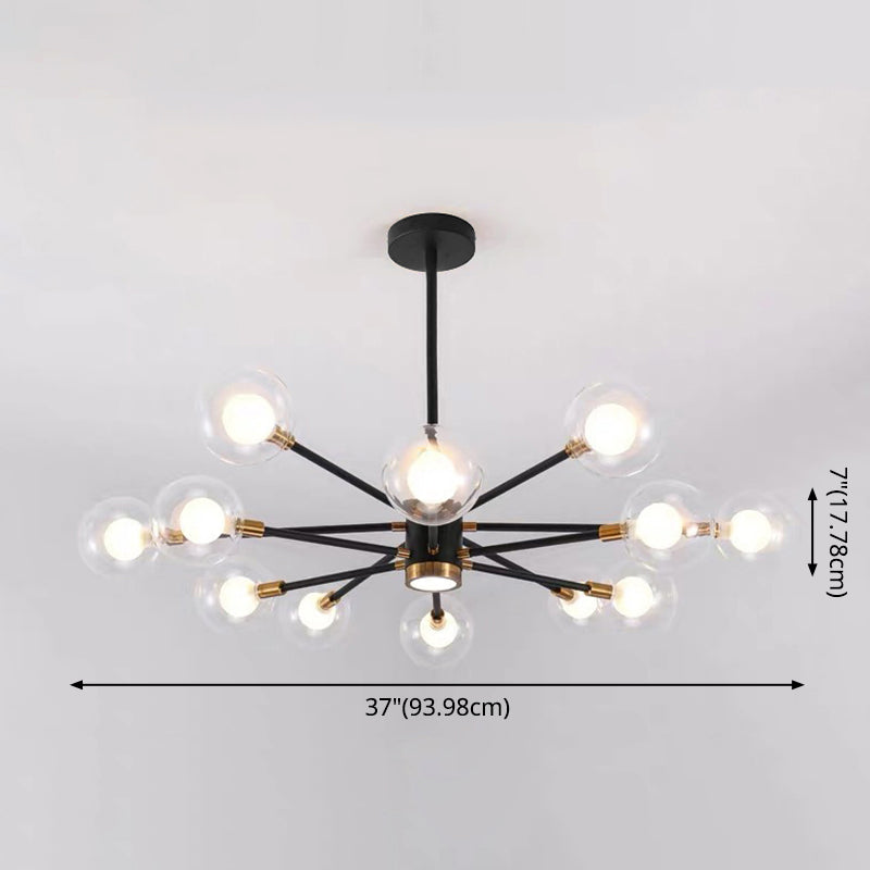 Modern Metal Radial Hanging Chandelier Light Spherical Clear Glass Shade Suspension Light in Black