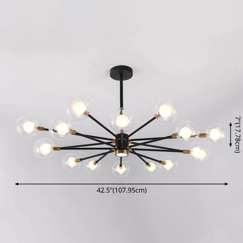 Modern Metal Radial Hanging Chandelier Light Spherical Clear Glass Shade Suspension Light in Black