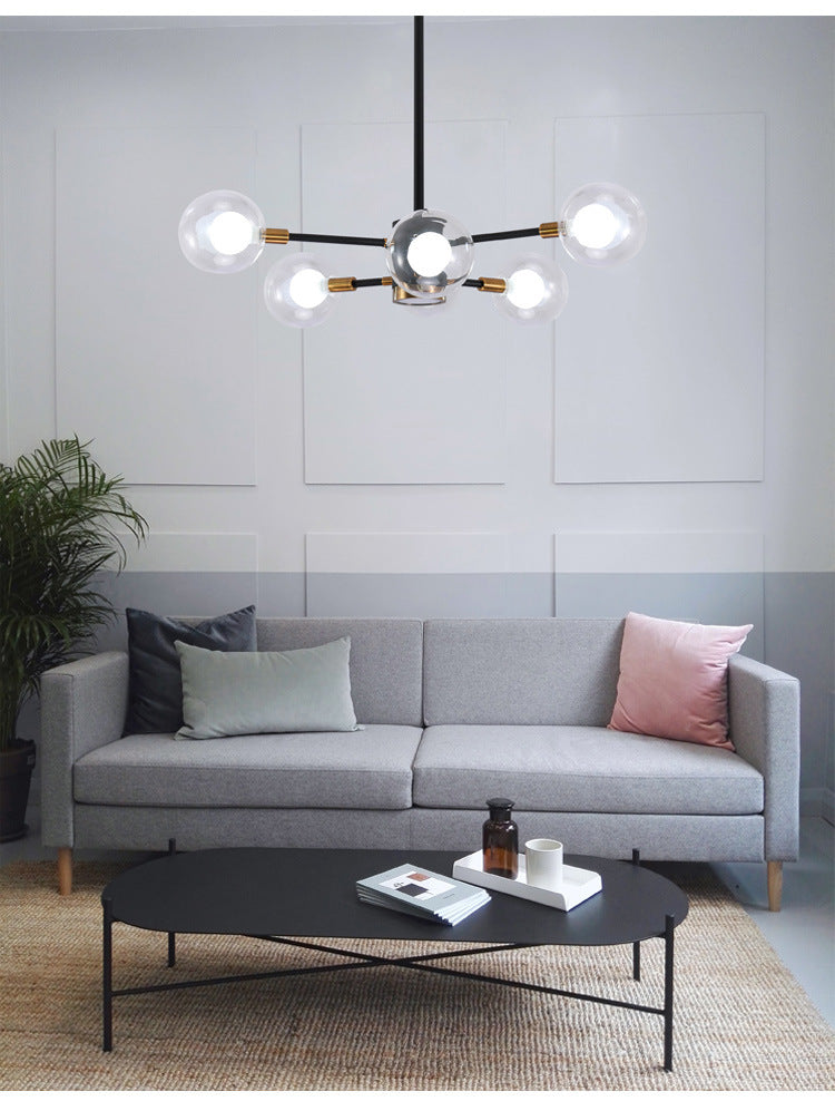 Modern Metal Radial Hanging Chandelier Light Spherical Clear Glass Shade Suspension Light in Black