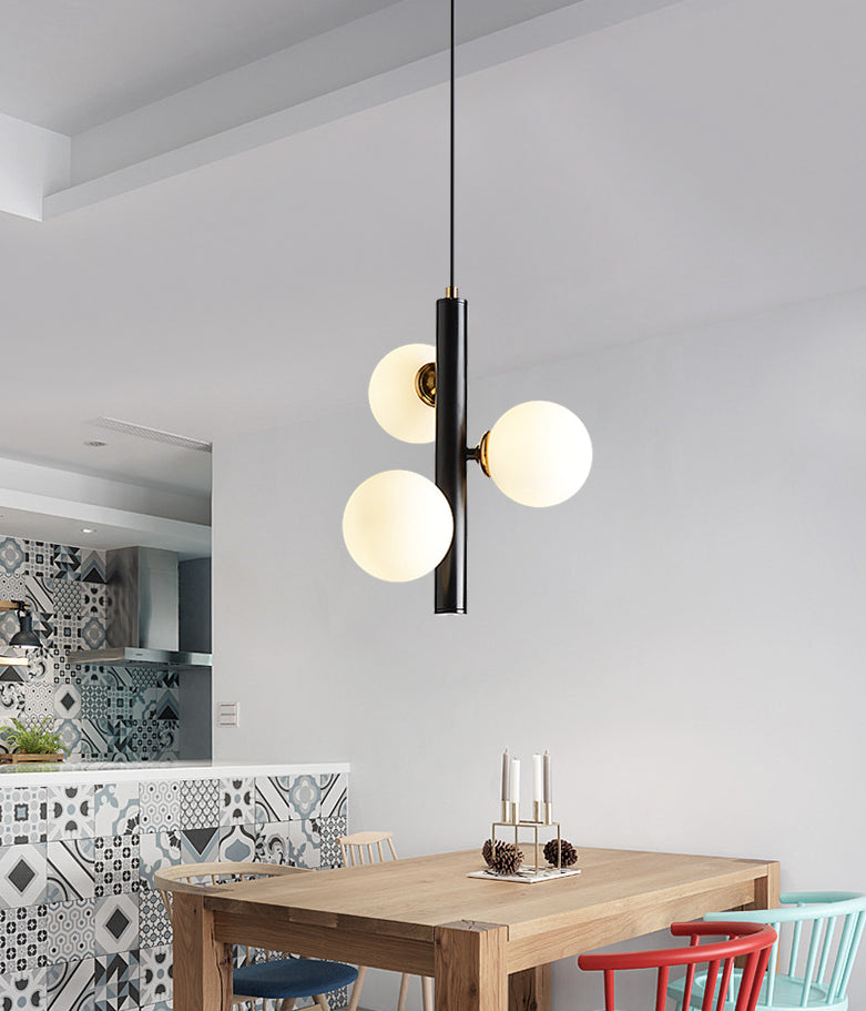 Modern Minimalist Linear Chandelier Light Fixture Spherical White Glass 3 Light Ceiling Chandelier