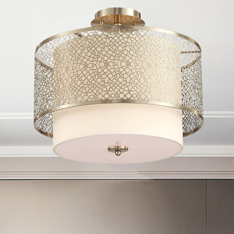 3 Lampen -Zylinder -Flush -Lampe mit Metallgeschnitzt Schatten Vintage Deckenspülung Leuchte in Gold