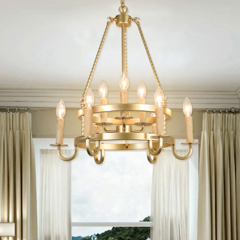 Bronze/Gold Candle Style Hanging Lamp Vintage Metal 9 Lights Living Room Chandelier Lighting, 22"/27.5"/35.5" Wide