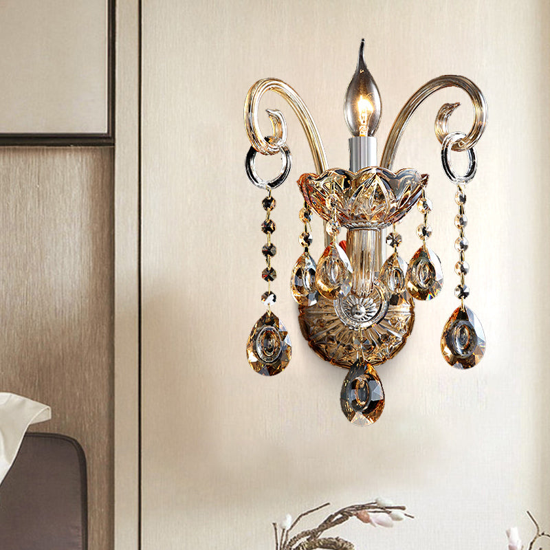 Amber Glass Candle Sconce Light Modernism 1/2 Heads Bedroom Wall Light Fixture with Crystal Drip Accent