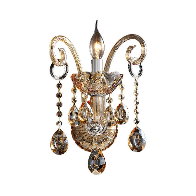 Amber Glass Candle Sconce Light Modernism 1/2 Heads Bedroom Wall Light Fixture with Crystal Drip Accent