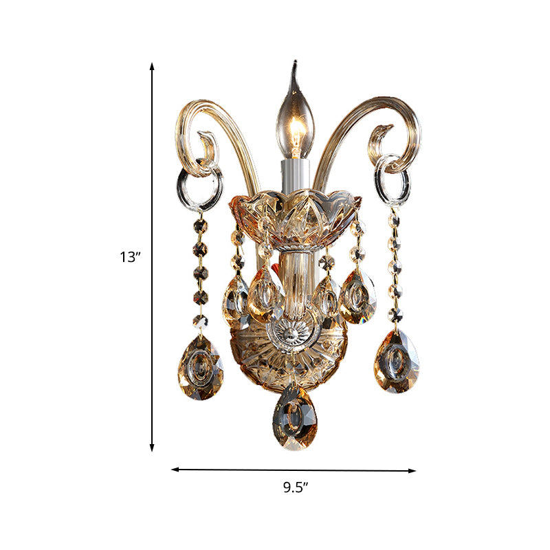 Amber Glass Candle Sconce Light Modernism 1/2 Heads Bedroom Wall Light Fixture with Crystal Drip Accent