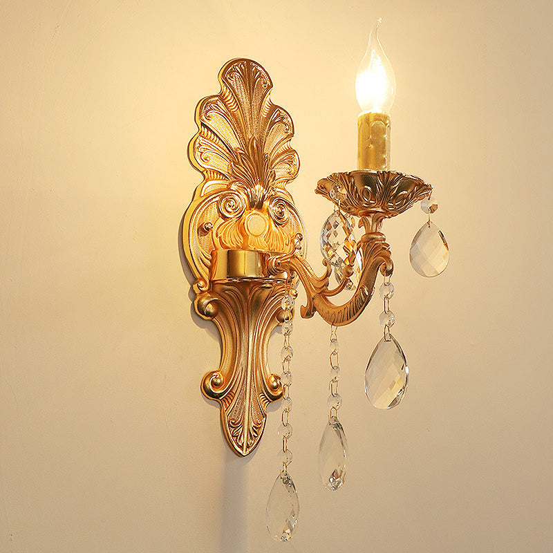 Candelabra Wall Light Fixture Postmodern Metal 1/2 Heads Living Room Sconce Light in Brass with Crystal Drip Accent