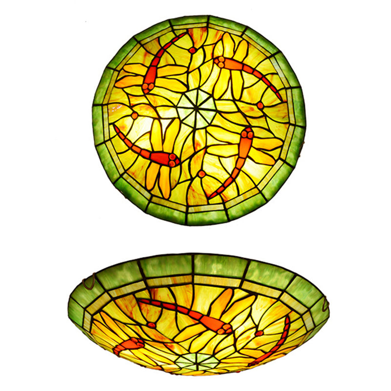 Bowl Flush-Mount Ceiling Light Tiffany Handcrafted Art Glass Flushmount Lamp in Green