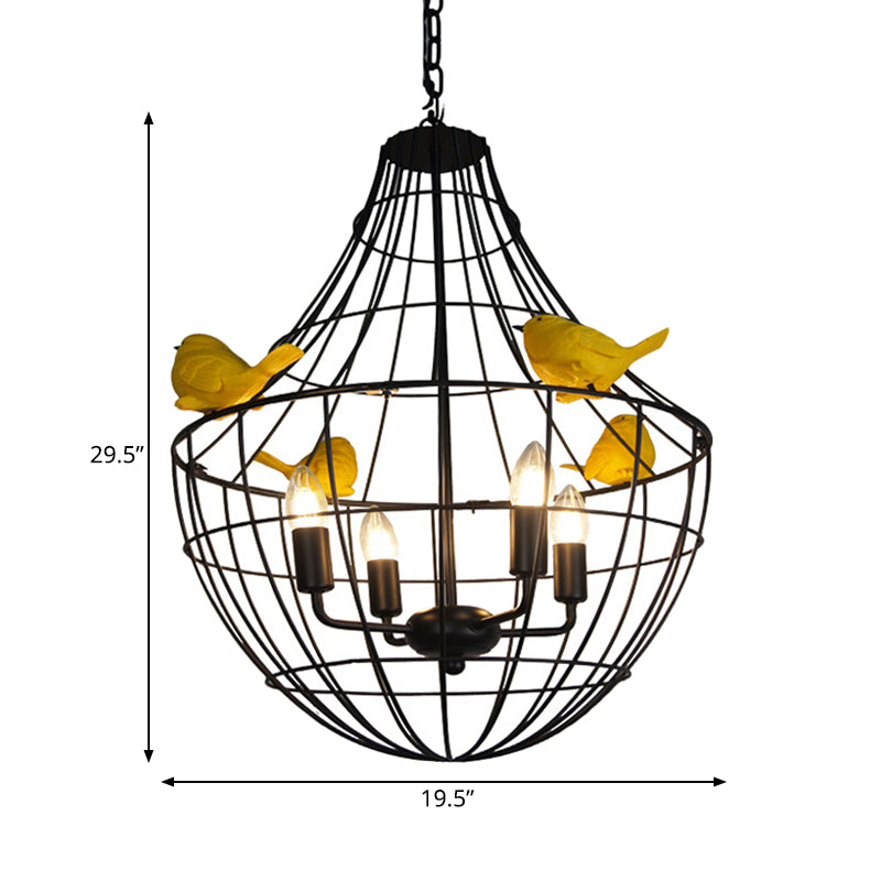 4 Lights Candelabra Suspended Lighting Fixture Traditional Black Metal Chandelier with Cage