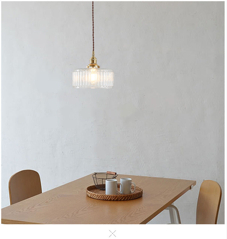 Vintage 1 Light Pendant Lamp Clear Ribbed Glass Drum Pendant Lighting for Living Room