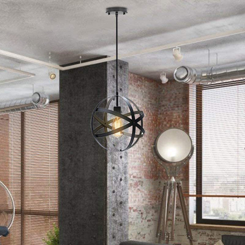 Retro Industrial Single Globe Cage Pendant Light Iron 1 Light Suspension Light for Dining Table