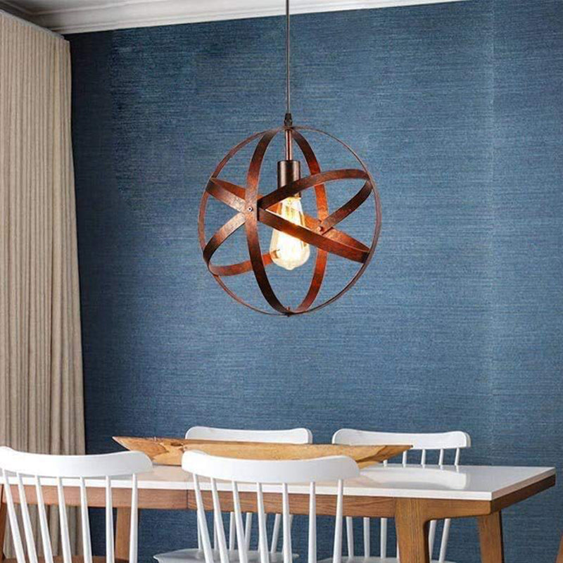 Retro Industrial Single Globe Cage Pendant Light Iron 1 Light Suspension Light for Dining Table