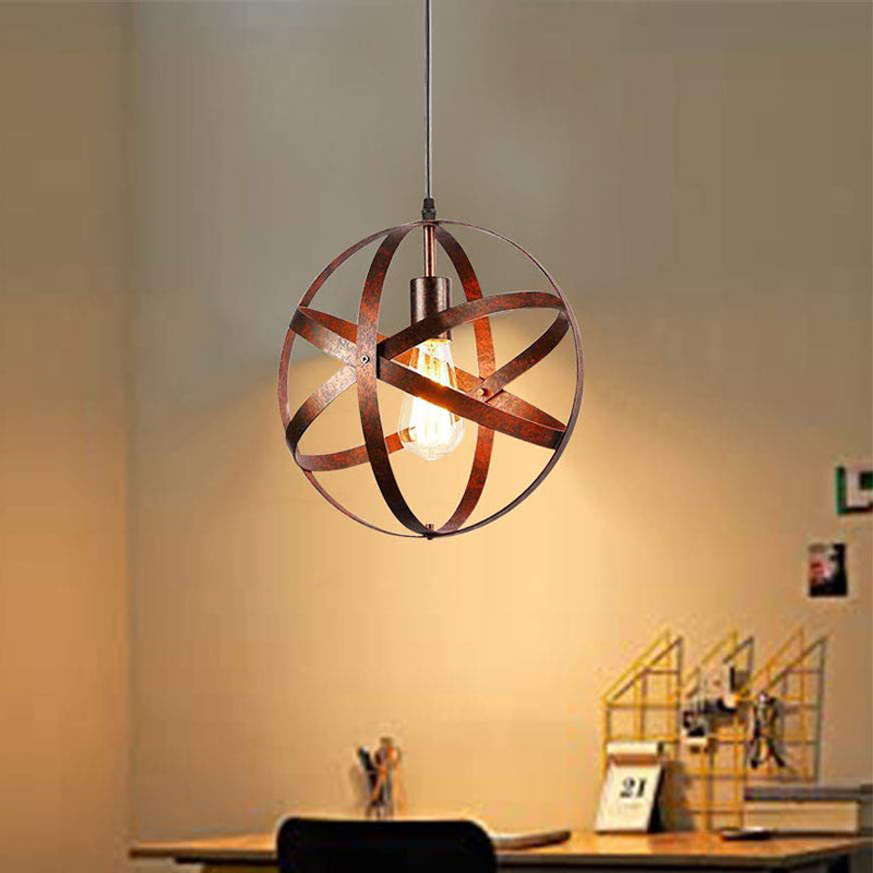 Retro Industrial Single Globe Cage Pendant Light Iron 1 Light Suspension Light for Dining Table