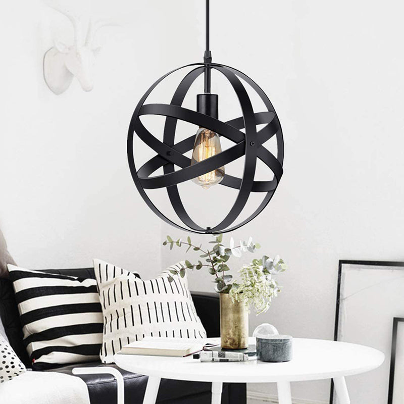 Retro Industrial Single Globe Cage Pendant Light Iron 1 Light Suspension Light for Dining Table