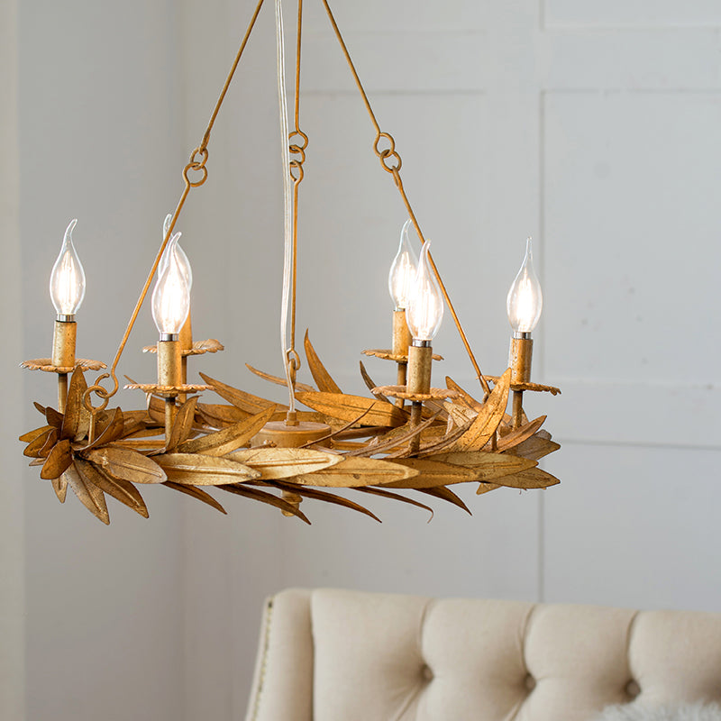 Gold 6 Lights Ceiling Pendant Light Vintage Metal Candle Chandelier Lamp with Garland Design