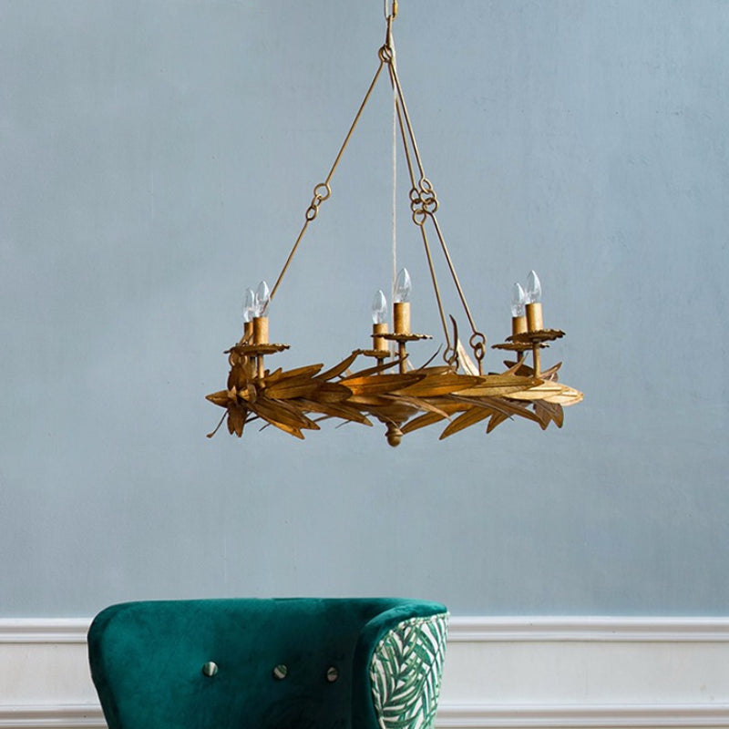 Gold 6 Lights Ceiling Pendant Light Vintage Metal Candle Chandelier Lamp with Garland Design