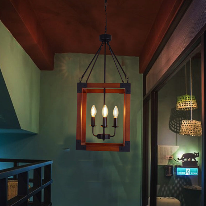 Metal Square Frame Pendant Lighting Fixture Traditional 4 Lights Restaurant Ceiling Chandelier in Dark Wood