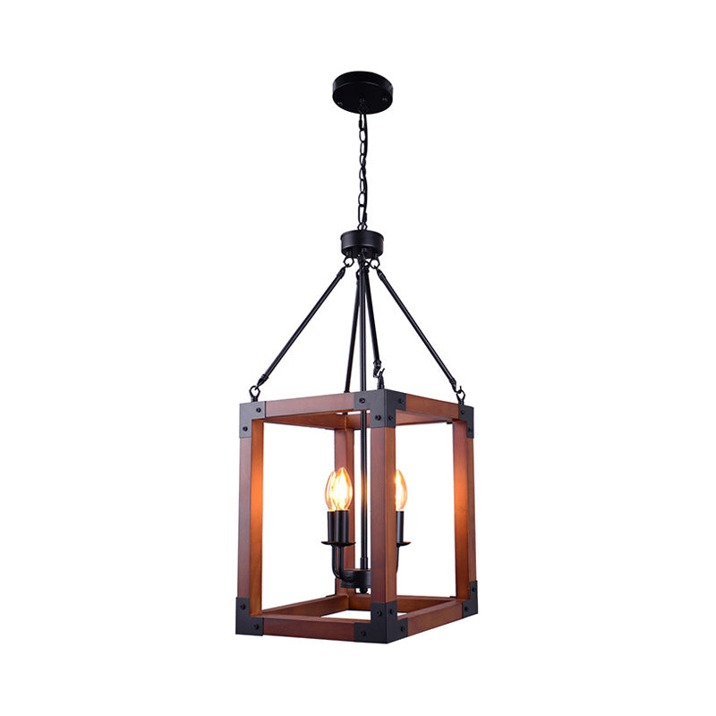 Metal Square Frame Pendant Lighting Fixture Traditional 4 Lights Restaurant Ceiling Chandelier in Dark Wood