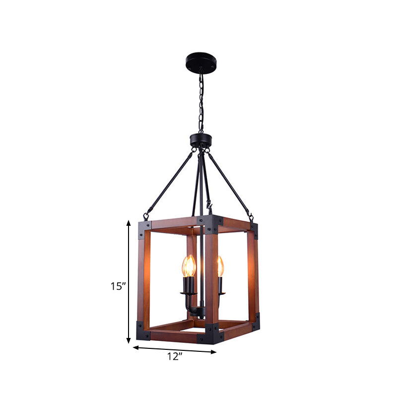 Metal Square Frame Pendant Lighting Fixture Traditional 4 Lights Restaurant Ceiling Chandelier in Dark Wood