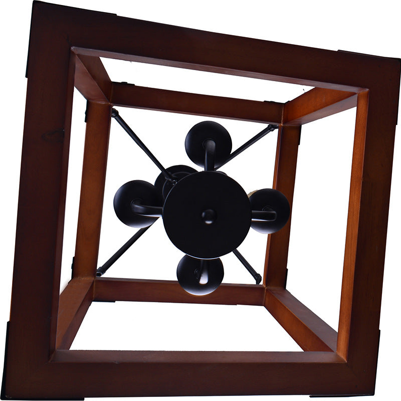 Metal Square Frame Pendant Lighting Fixture Traditional 4 Lights Restaurant Ceiling Chandelier in Dark Wood