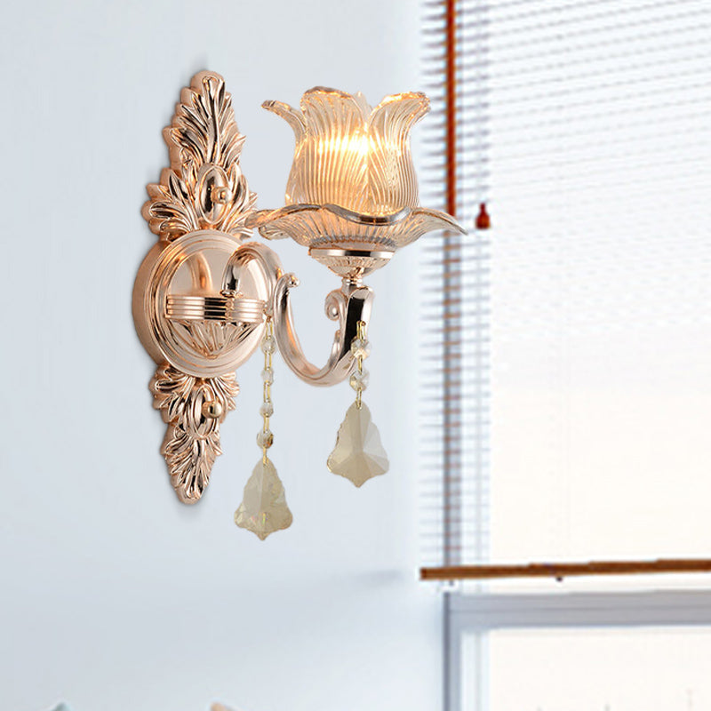 Flower Wall Mounted Light Fixture Modern Prism Glass 1/2 Heads Brass Sconce Light with Crystal Drop Accent