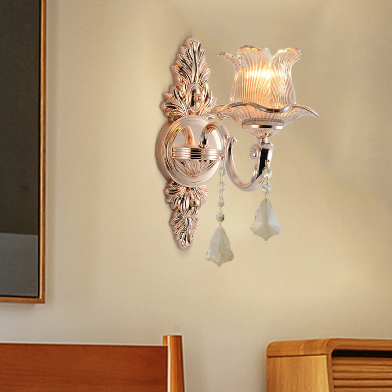 Flower Wall Mounted Light Fixture Modern Prism Glass 1/2 Heads Brass Sconce Light with Crystal Drop Accent