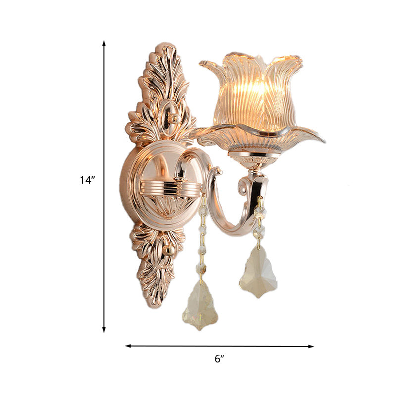 Flower Wall Mounted Light Fixture Modern Prism Glass 1/2 Heads Brass Sconce Light with Crystal Drop Accent