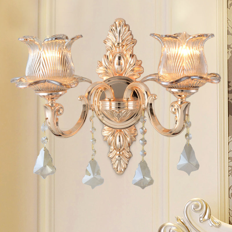 Flower Wall Mounted Light Fixture Modern Prism Glass 1/2 Heads Brass Sconce Light with Crystal Drop Accent