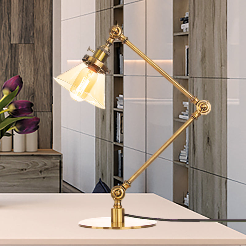 Table conique de style industriel clair Ambre / verre transparent et métal 1 lampe de table de chambre à coucher légère avec bras réglable en noir / laiton