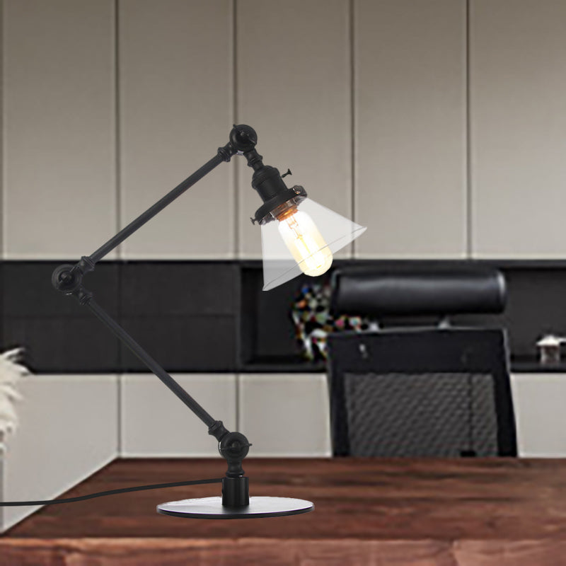 Table conique de style industriel clair Ambre / verre transparent et métal 1 lampe de table de chambre à coucher légère avec bras réglable en noir / laiton