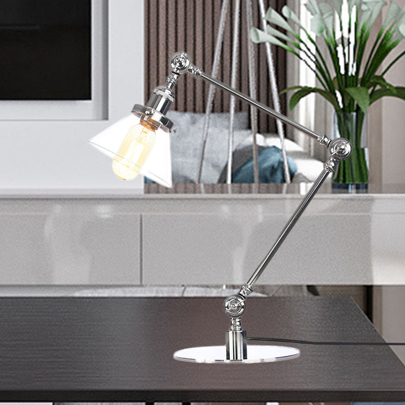 Table conique de style industriel clair Ambre / verre transparent et métal 1 lampe de table de chambre à coucher légère avec bras réglable en noir / laiton