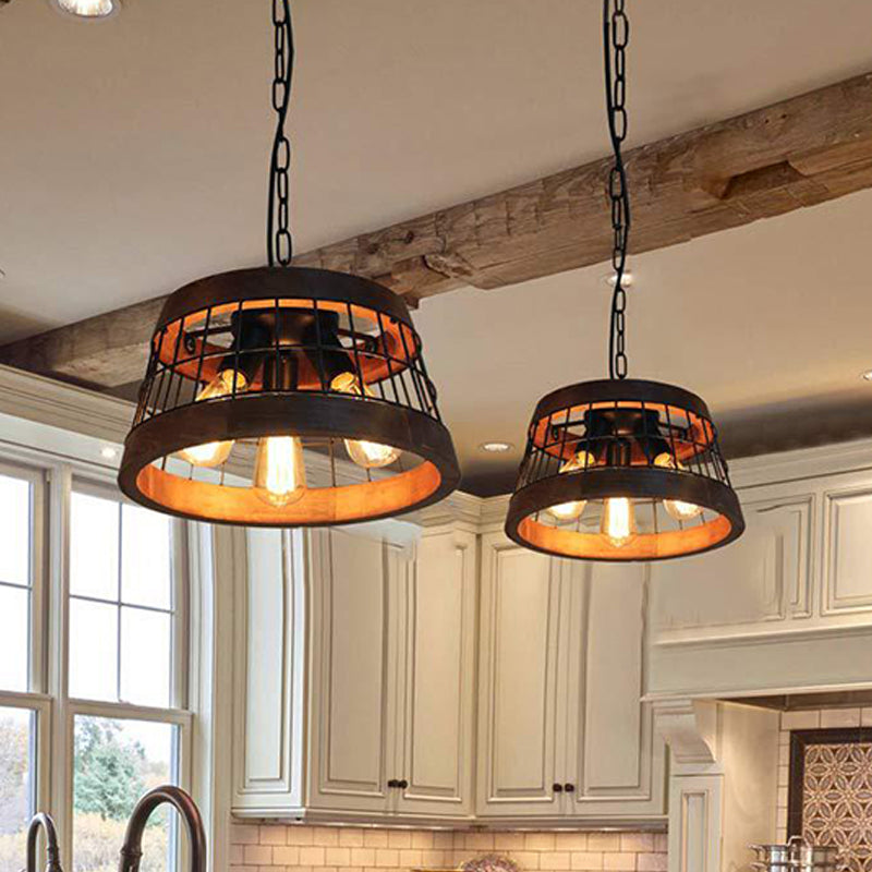 3 Lights Drum Ceiling Pendant Vintage Wood Metal Chandelier Lighting with Cage
