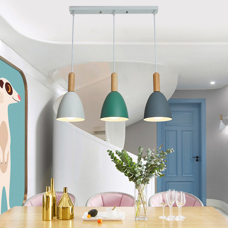 Metal Dome Shade Hanging Light Living Room 3 Light Macaroon Solid Wood Lighting Fixture Pendant