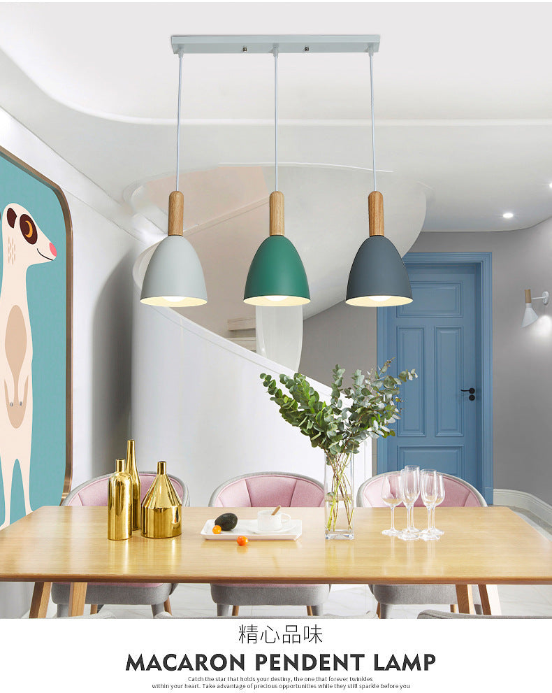 Metal Dome Shade Hanging Light Living Room 3 Light Macaroon Solid Wood Lighting Fixture Pendant