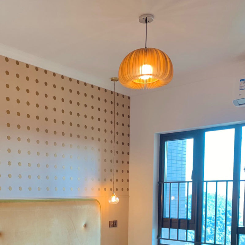 Basswood Pumpkin Shape Pendant Light 1 Light Modern Simplicity Wooden Art Deco Hanging Lamp
