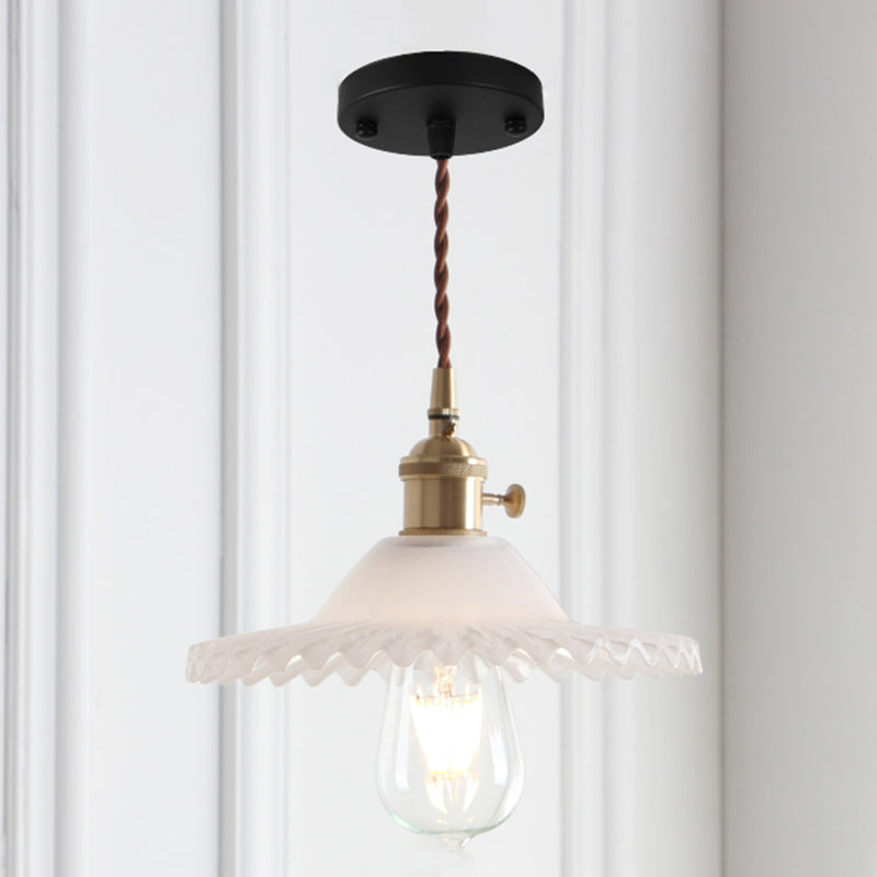 8.66'' Width Brass Pendant Light Industrial Scalloped Glass Shade Mini Hanging Lamp for Coffee Shop