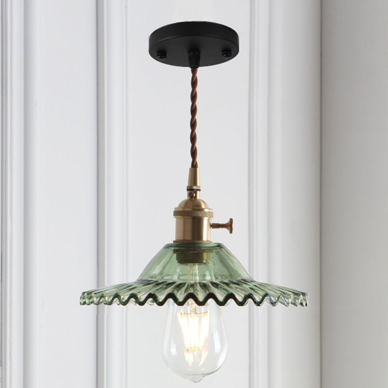 8.66'' Width Brass Pendant Light Industrial Scalloped Glass Shade Mini Hanging Lamp for Coffee Shop