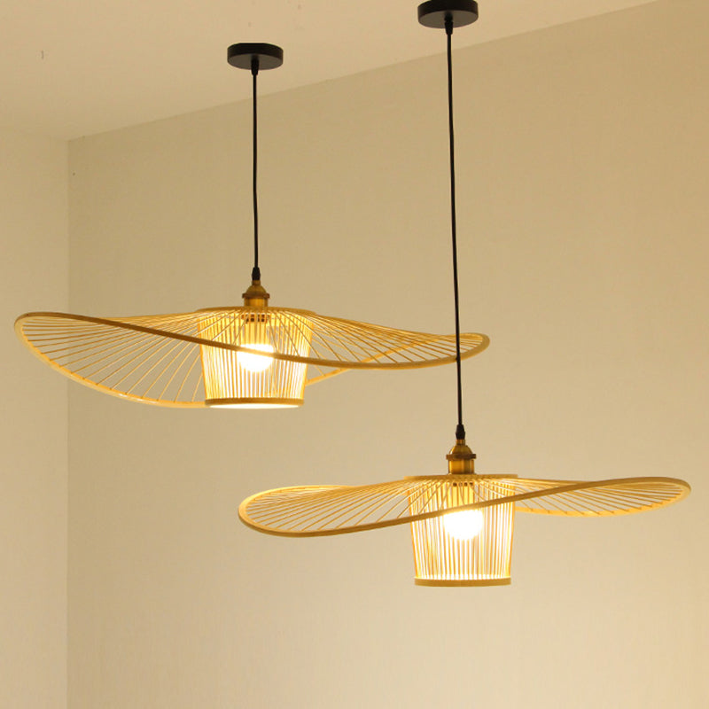 Fischermut -Hut geformte Holzbeleuchtung Bambus -Weben -Trommelschatten Einmals hängendes Licht für Esszimmer