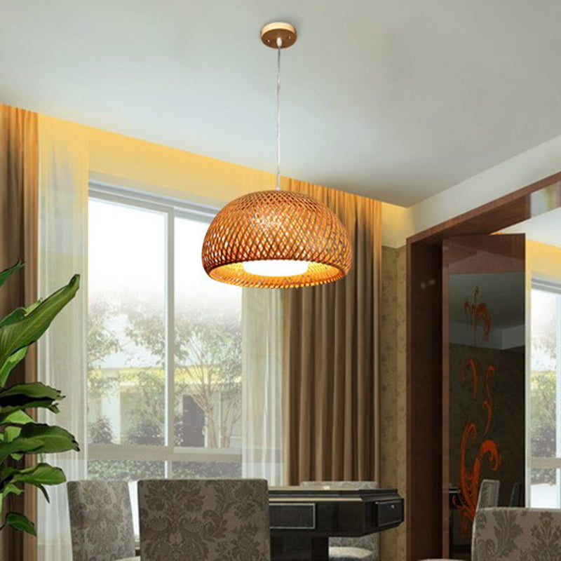 Double-Decker Bamboo Pendant Lights Milk White Glass Shade 1 Light Suspended Light for Restaurant Aisle