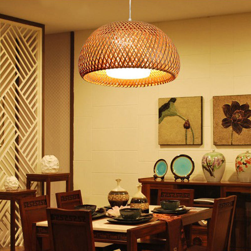 Double-Decker Bamboo Pendant Lights Milk White Glass Shade 1 Light Suspended Light for Restaurant Aisle