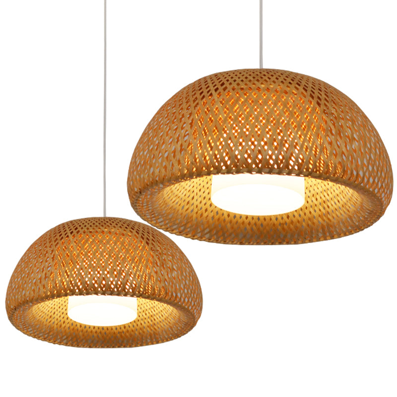 Double-Decker Bamboo Pendant Lights Milk White Glass Shade 1 Light Suspended Light for Restaurant Aisle