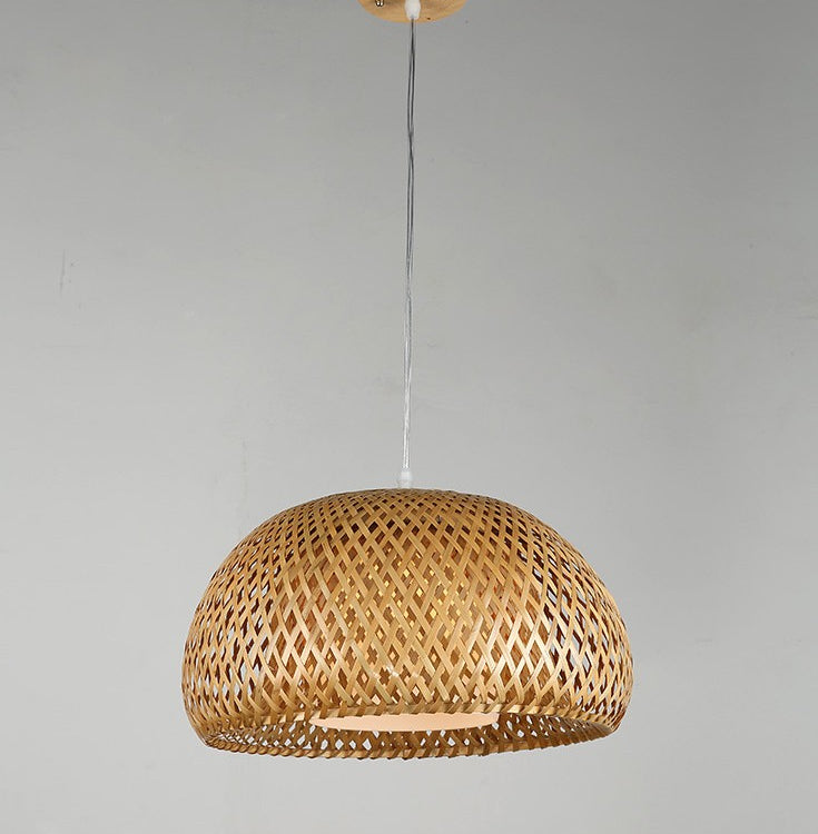 Double-Decker Bamboo Pendant Lights Milk White Glass Shade 1 Light Suspended Light for Restaurant Aisle