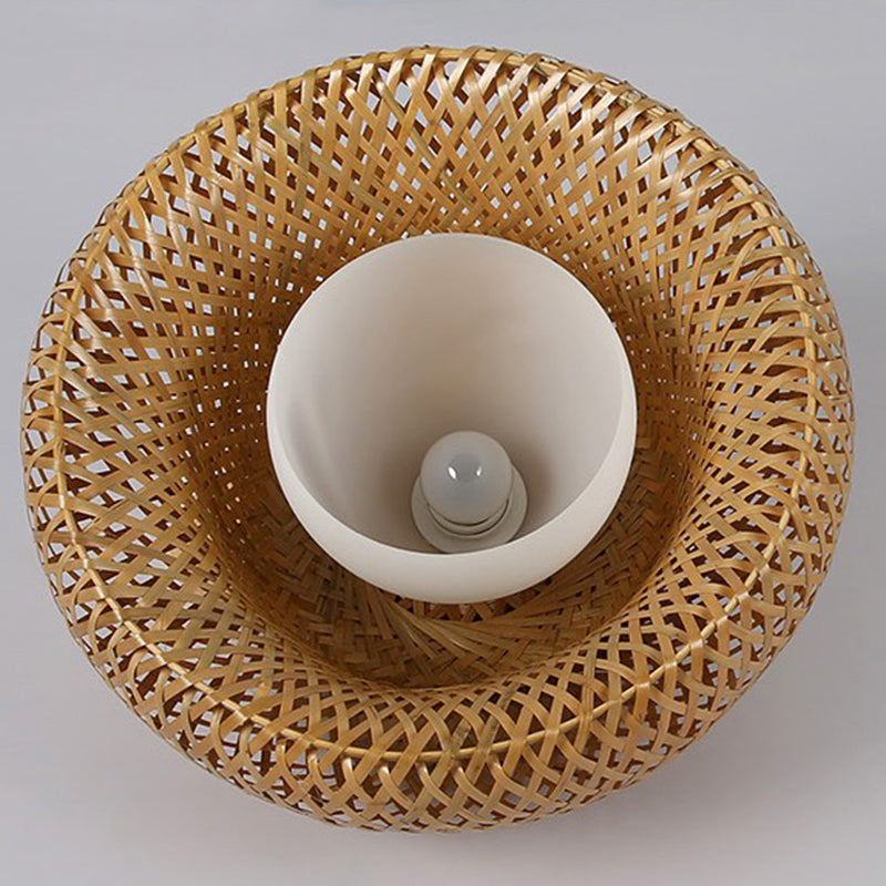 Double-Decker Bamboo Pendant Lights Milk White Glass Shade 1 Light Suspended Light for Restaurant Aisle