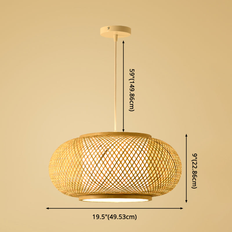 Bamboo & Rattan Weaving Drum Suspended Light Asian Style 1 Light Accent Pendant Lamp in Beige