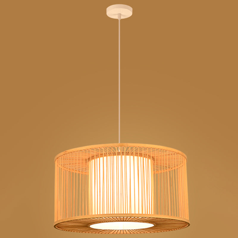 Asian Style Simplicity Hanging Light Bamboo & Imitation Sheepskin Double Shade 1 Light Pendant Lamp